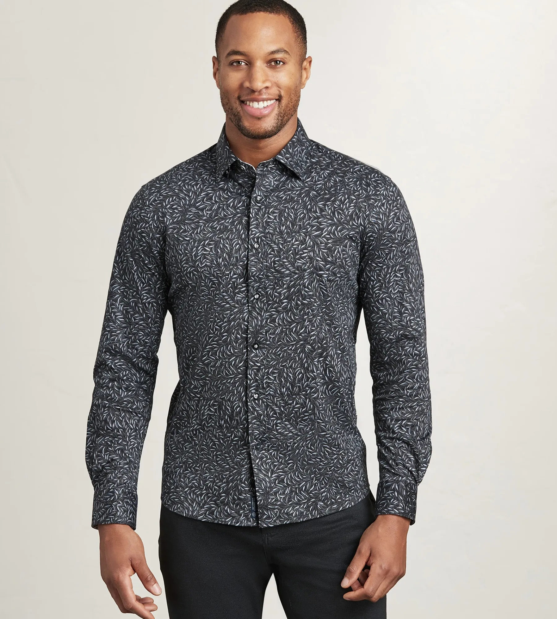 Hechter Paris Casual Shirts*Long Sleeve 360 Stretch Botanical Print Sport Shirts Black