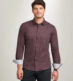 Hechter Paris Casual Shirts*Long Sleeve 360 Stretch Botanical Print Sport Shirts Burgundy