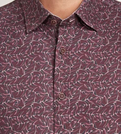Hechter Paris Casual Shirts*Long Sleeve 360 Stretch Botanical Print Sport Shirts Burgundy