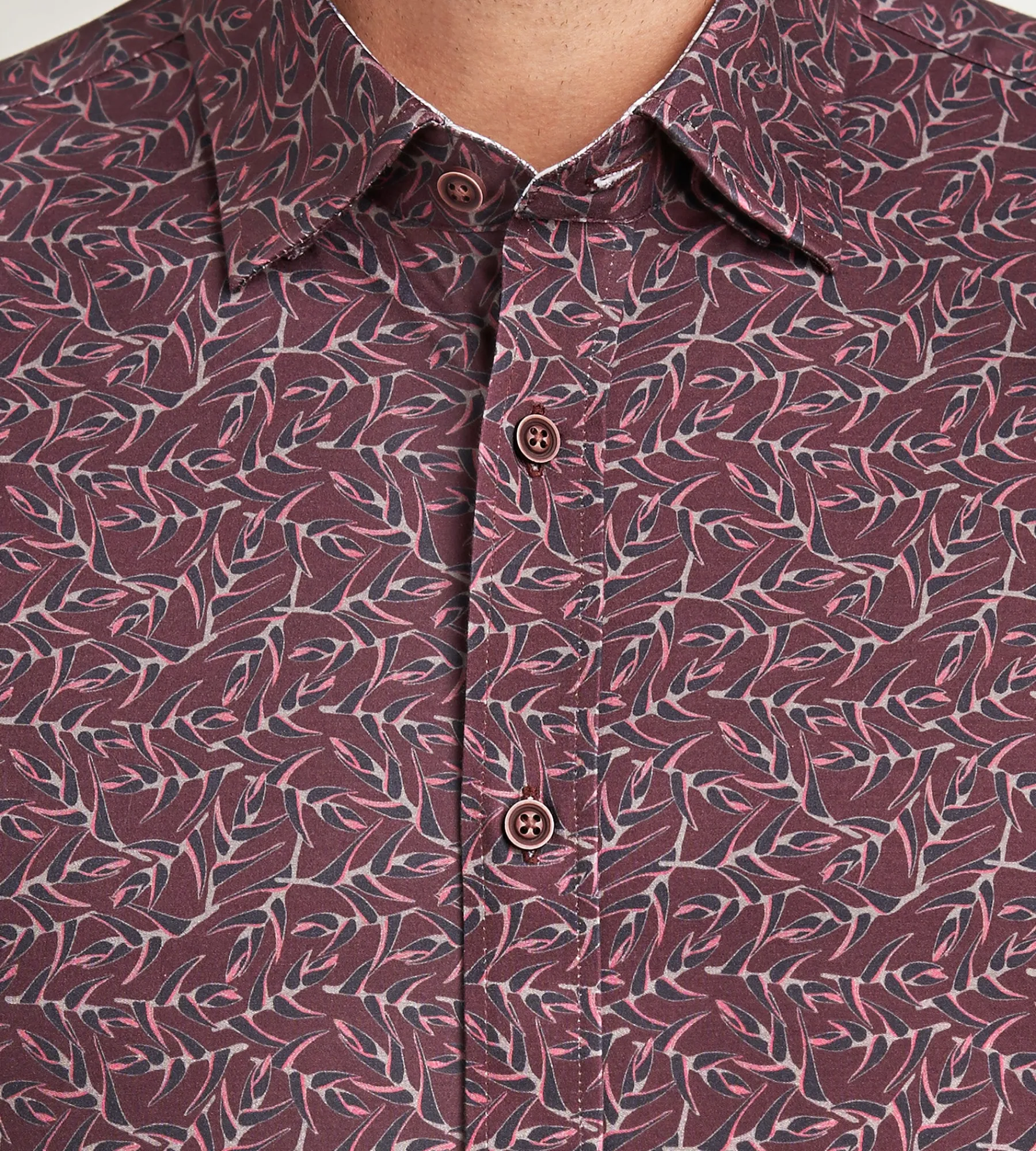 Hechter Paris Casual Shirts*Long Sleeve 360 Stretch Botanical Print Sport Shirts Burgundy