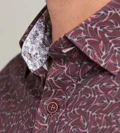 Hechter Paris Casual Shirts*Long Sleeve 360 Stretch Botanical Print Sport Shirts Burgundy