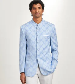 G Grafton Nehru Jackets|Suit Separates*Modern Fit Blue Jacquard Nehru Suit