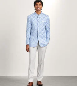 G Grafton Nehru Jackets|Suit Separates*Modern Fit Blue Jacquard Nehru Suit