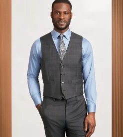DKNY Vests*Modern Fit Plaid Suit Vest Brown