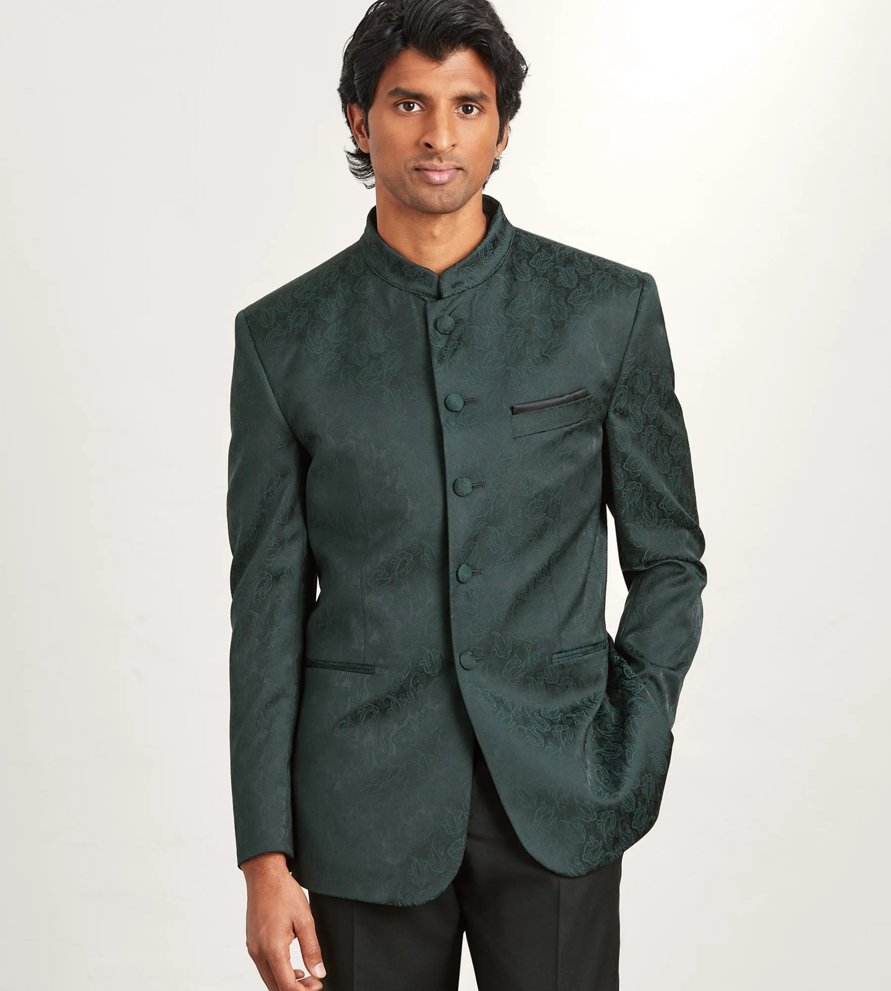 G Grafton Nehru Jackets|Suit Separates*Modern Fit Forest Green Jacquard Nehru Suit