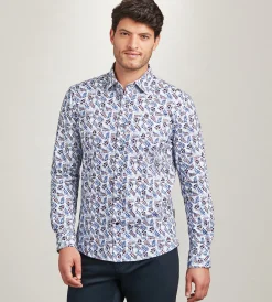 Hechter Paris Casual Shirts*Modern Fit Long Sleeve Botanical Pattern 360 Stretch Casual Shirt Light blue