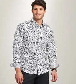 Hechter Paris Casual Shirts*Modern Fit Long Sleeve Botanical Pattern 360 Stretch Casual Shirt White