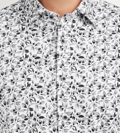 Hechter Paris Casual Shirts*Modern Fit Long Sleeve Botanical Pattern 360 Stretch Casual Shirt White