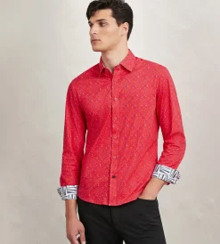 Hechter Paris Casual Shirts*Modern Fit Long Sleeve Floral Pattern 360 Stretch Casual Shirt Red