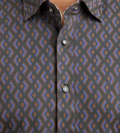 Hechter Paris Casual Shirts*Modern Fit Long Sleeve Geo Pattern 360 Stretch Casual Shirt Navy