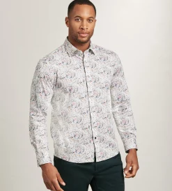 Hechter Paris Casual Shirts*Modern Fit Long Sleeve Paisley Pattern 360 Stretch Casual Shirt Tan