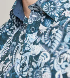 Hechter Paris Short Sleeve Shirts|Casual Shirts*Modern Fit Short Sleeve Linen Like Floral Pattern Casual Shirt Blue