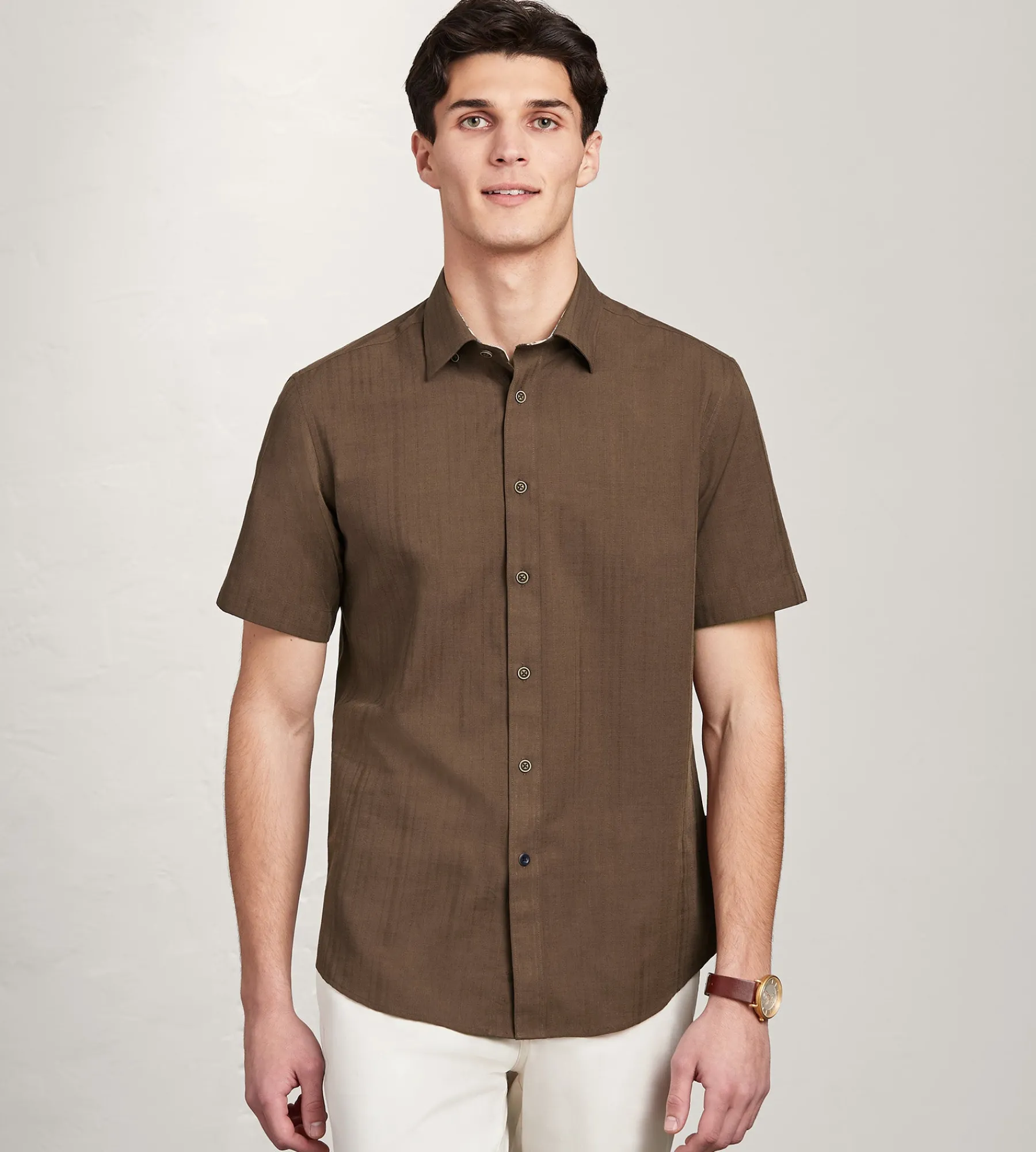 Hechter Paris Short Sleeve Shirts|Casual Shirts*Modern Fit Short Sleeve Linen Like Solid Casual Shirt Brown