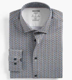 Hechter Paris Dress Shirts*Slim Fit 360 Stretch Knit Non-Iron Soft Touch Geo Print Jersey Dress Shirt Brown