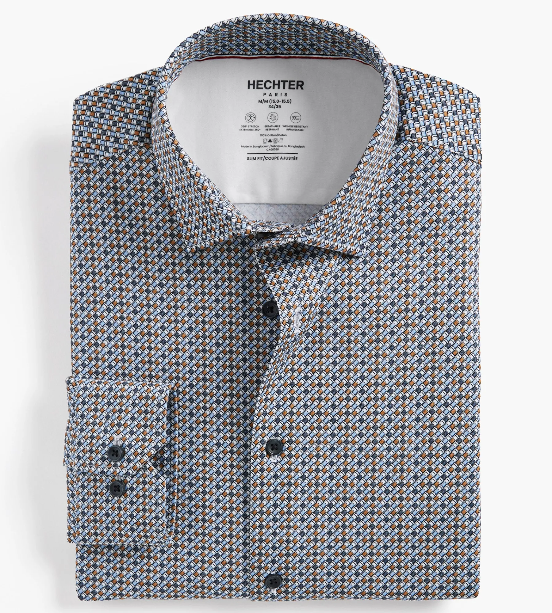 Hechter Paris Dress Shirts*Slim Fit 360 Stretch Knit Non-Iron Soft Touch Geo Print Jersey Dress Shirt Brown