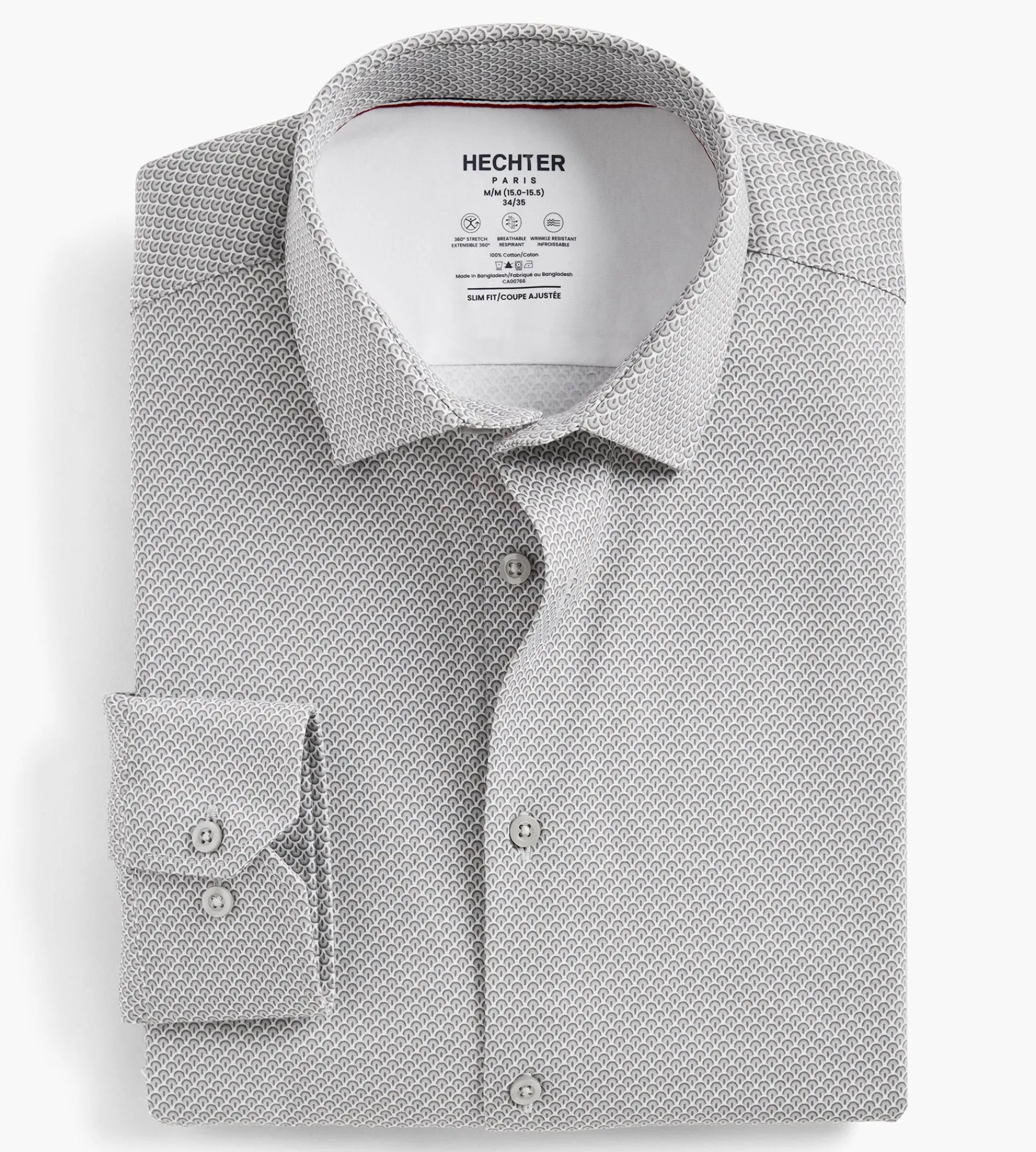 Hechter Paris Dress Shirts*Slim Fit 360 Stretch Knit Non-Iron Soft Touch Geo Print Jersey Dress Shirt Light grey