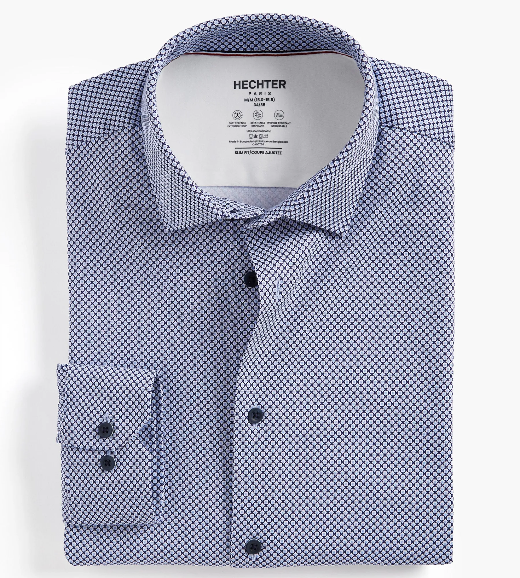 Hechter Paris Dress Shirts*Slim Fit 360 Stretch Knit Non-Iron Soft Touch Geo Print Jersey Dress Shirt Dark blue