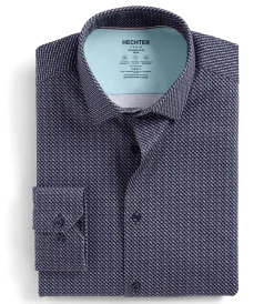 Hechter Paris Dress Shirts*Slim Fit 360 Stretch Knit Non-Iron Soft Touch Geo Print Jersey Dress Shirt Navy