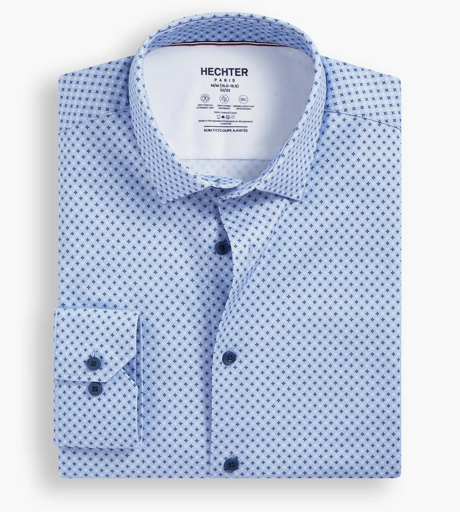 Hechter Paris Dress Shirts*Slim Fit 360° Stretch Soft Touch Geo Print Jersey Dress Shirt Blue