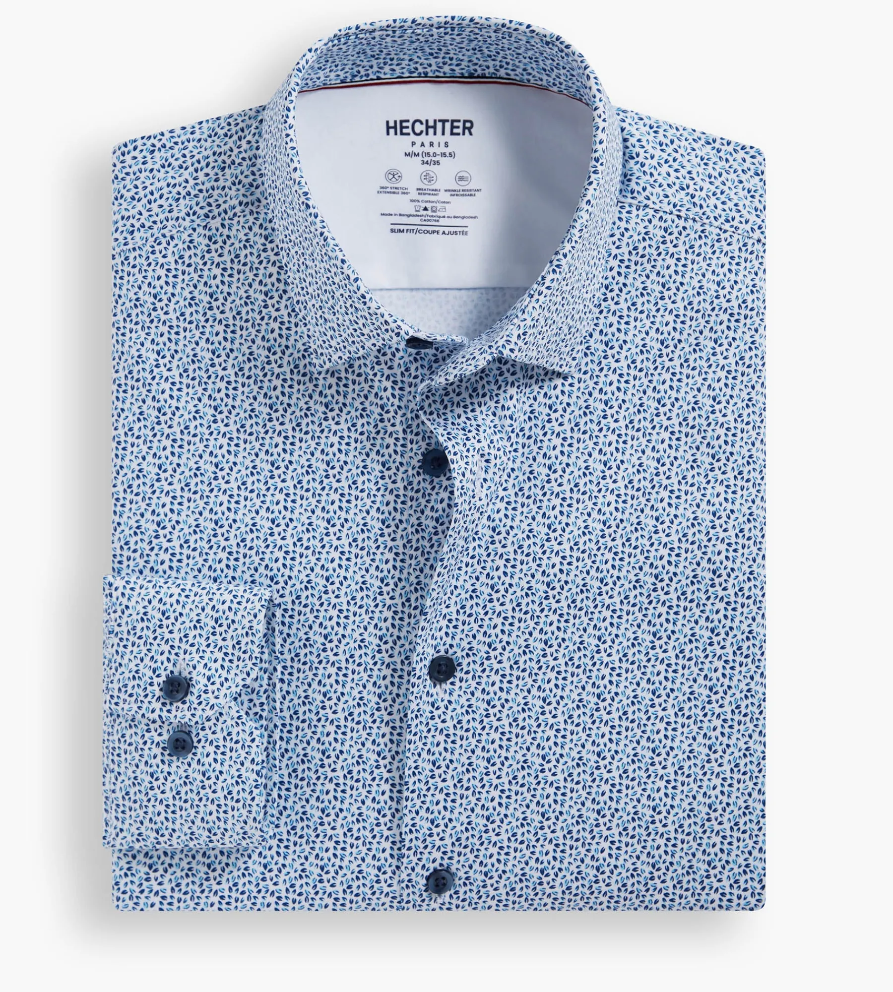 Hechter Paris Dress Shirts*Slim Fit 360° Stretch Soft Touch Leaf Print Jersey Dress Shirt Teal